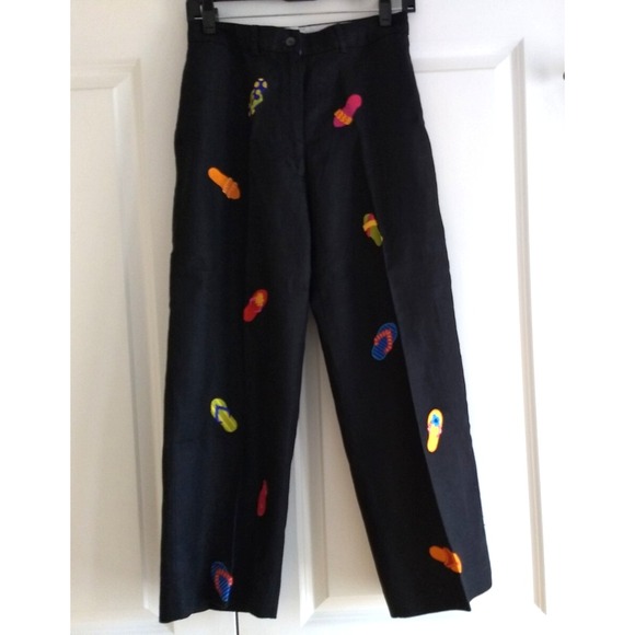 Pants - Deane & White 100% Linen‎ Pants Black Cropped Embroidered Flip Flops Womens 8